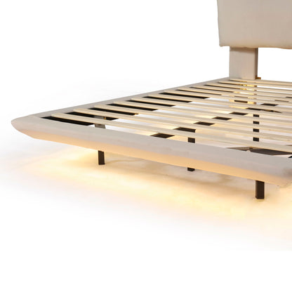 Queen Size Upholstered Platform Bed With Sensor Light And 2 Large Backrests, With 2 Sets Of USB Port And Socket On Each Rear Bed Leg - Beige