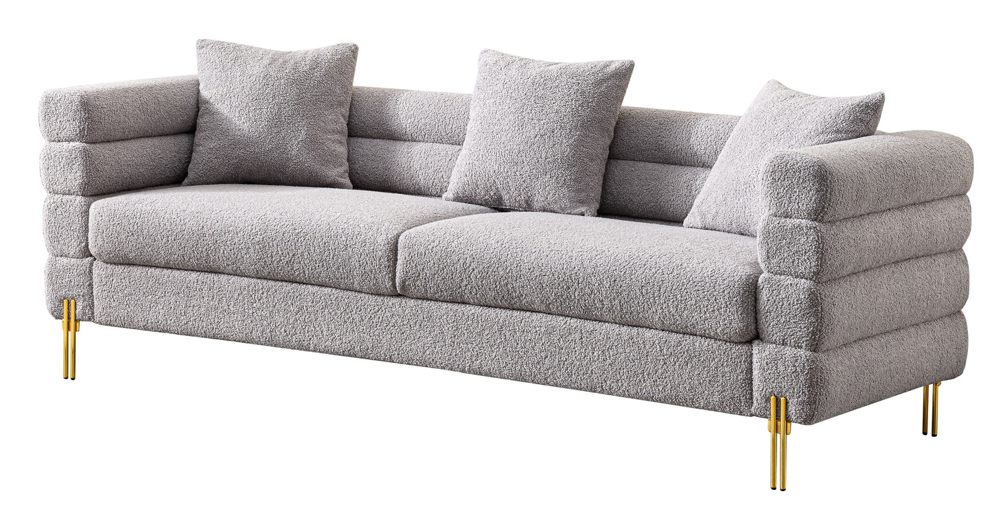 Luxurious And Comfortable Upholstered Sofa With Golden Legs And Pillows For Living Room And Reception Area - Gray
