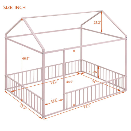 Full Size Bed House Bed Frame With Fence - Pink
