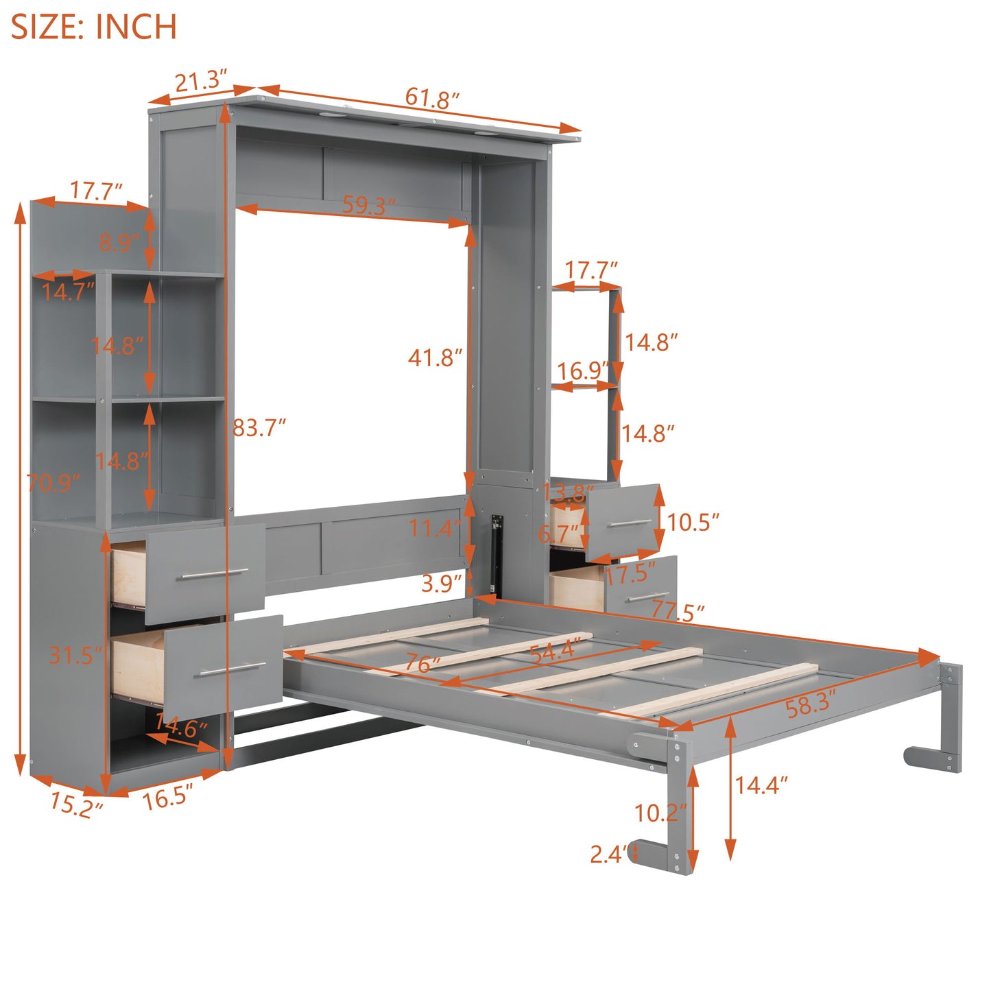 Full Size Murphy Wall Bed With Shelves, Drawers And LED Lights - Gray