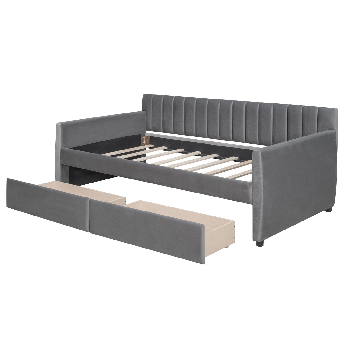 Twin Size Upholstered Daybed & Drawers, Slat Support - Gray
