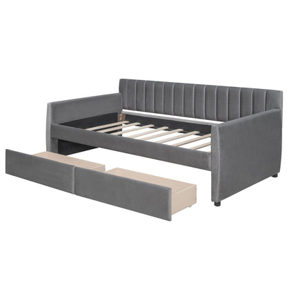 Twin Size Upholstered Daybed & Drawers, Slat Support - Gray
