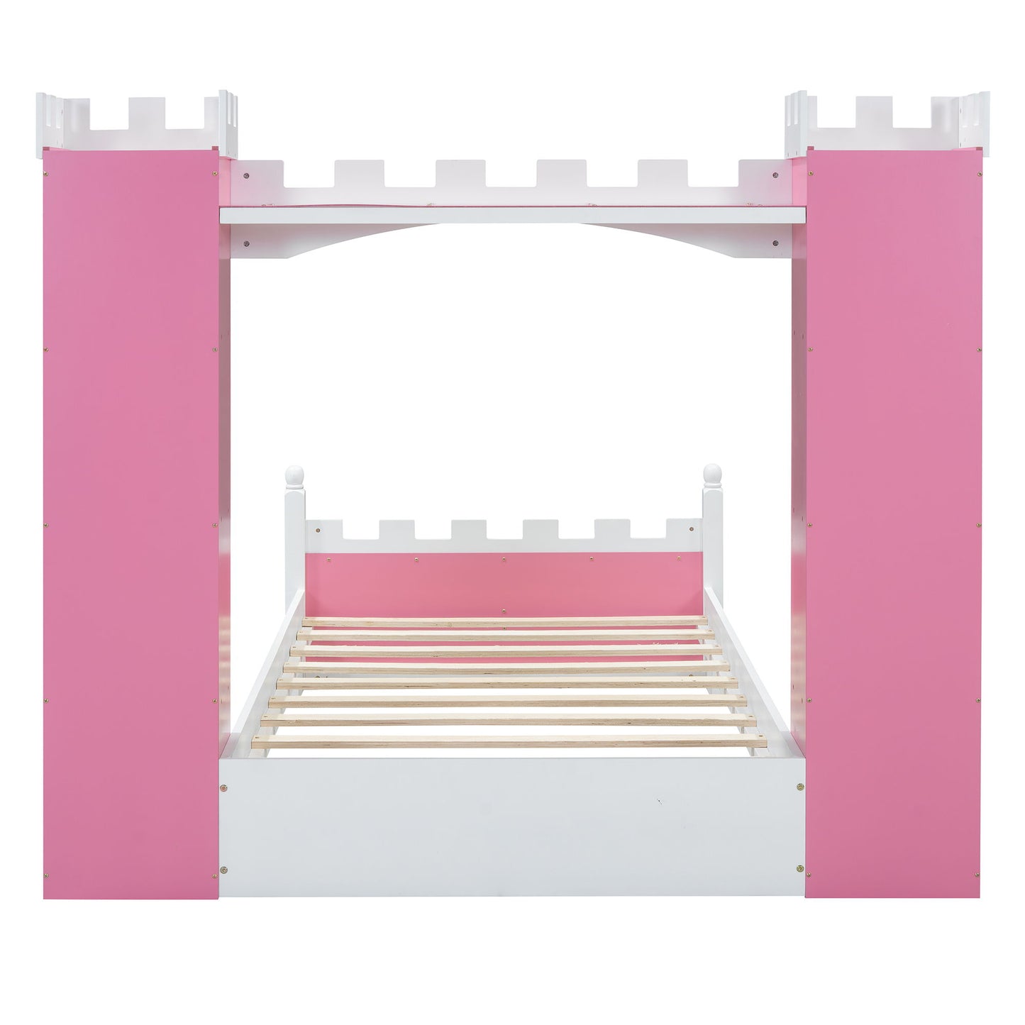Castle Shaped Bed With Storage Shelf, Dreamy Twin Size Platform Bed For Kids Bedroom - Pink / White