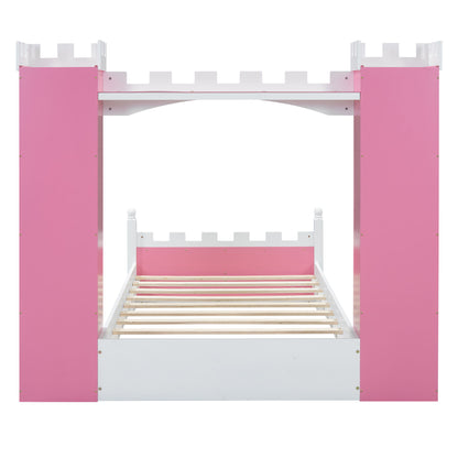 Castle Shaped Bed With Storage Shelf, Dreamy Twin Size Platform Bed For Kids Bedroom - Pink / White
