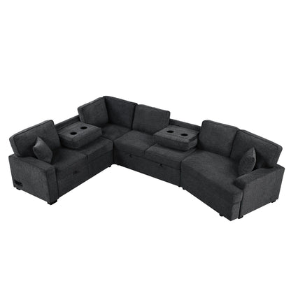 L-Shaped Sofa Sectional Sofa Couch Pull-Out Sofa Bed With Charging Devices And Cup Holders For Living Room - Blue Black