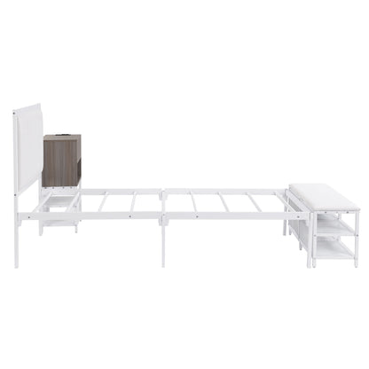 Twin Size Platform Bed With 2 Tier Storage Shelves, Storage Cabinet - White