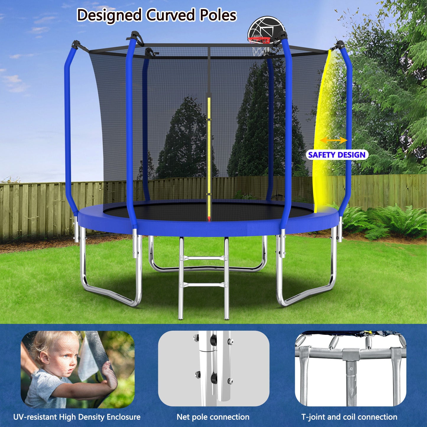 10' Trampoline With Basketball Hoop, Astm Approved Reinforced Type Outdoor Trampoline With Enclosure Net - Blue