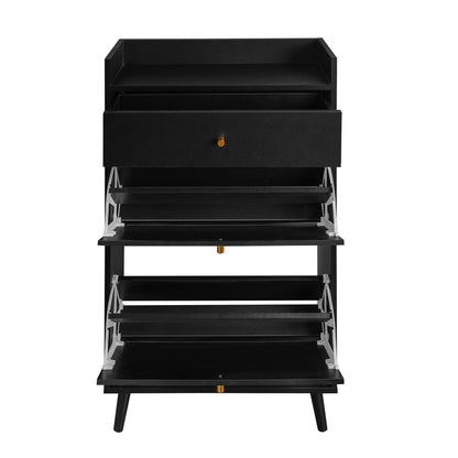Allen - Rattan 2 Door 1 Drawer Cabinet Shoe Rack For Entrance, Double Layer - Black
