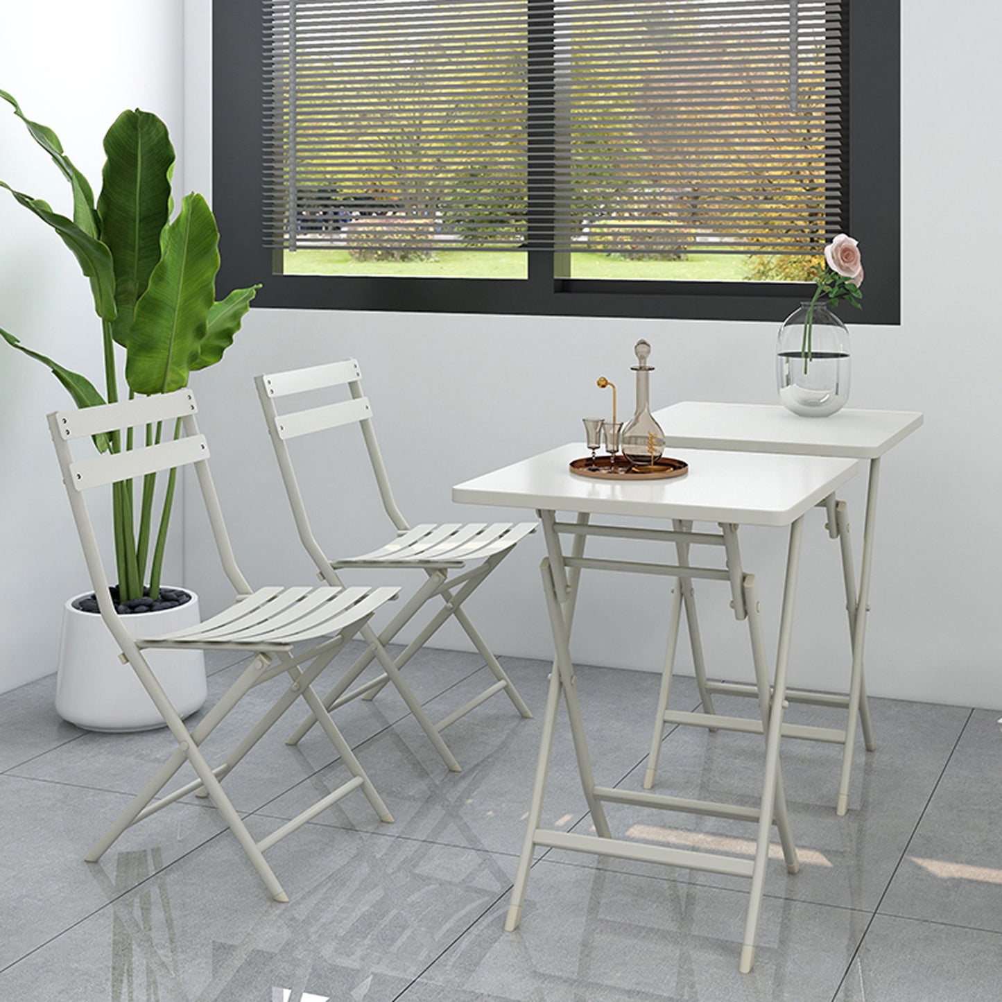 3 Piece Patio Bistro Set Of Foldable Square Table And Chairs - White