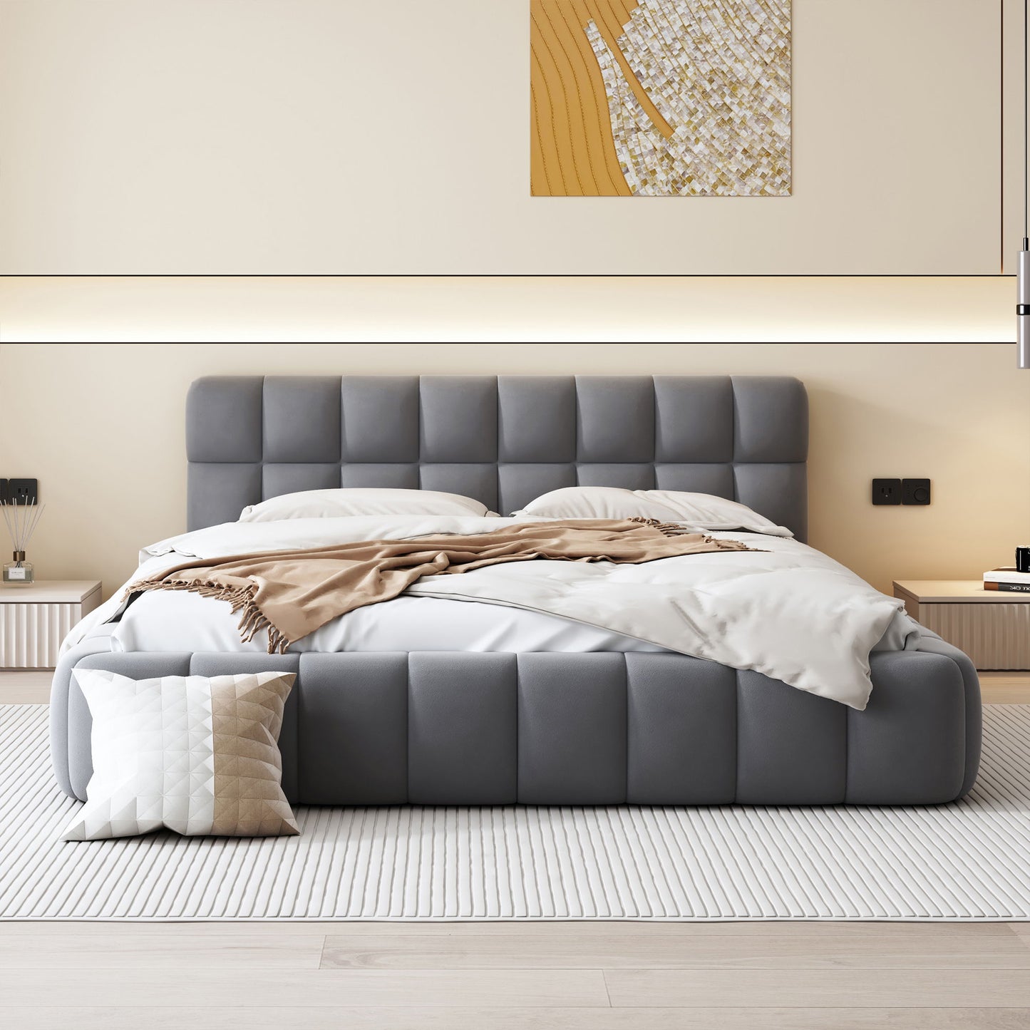Queen Size Upholstered Platform Bed With Thick, Grounded Bed With Solid Frame - Gray