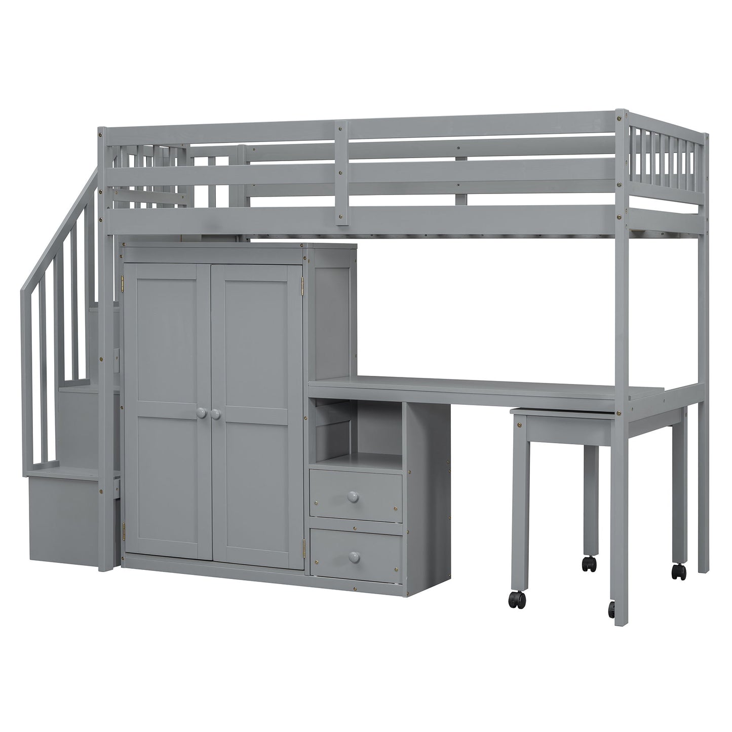 Twin Size Loft Bed With Stairs, Bookshelf, Drawers, Desk & Wardrobe, Space Saving Multifunctional Furniture - Gray