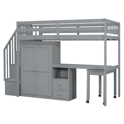 Twin Size Loft Bed With Stairs, Bookshelf, Drawers, Desk & Wardrobe, Space Saving Multifunctional Furniture - Gray