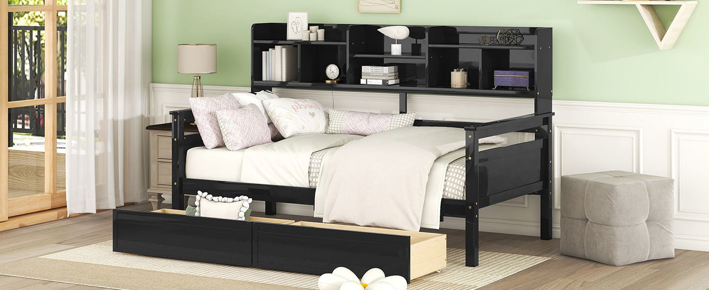 Twin Size Daybed, Slat Support, With Bedside Shelves And 2 Drawers - Espresso