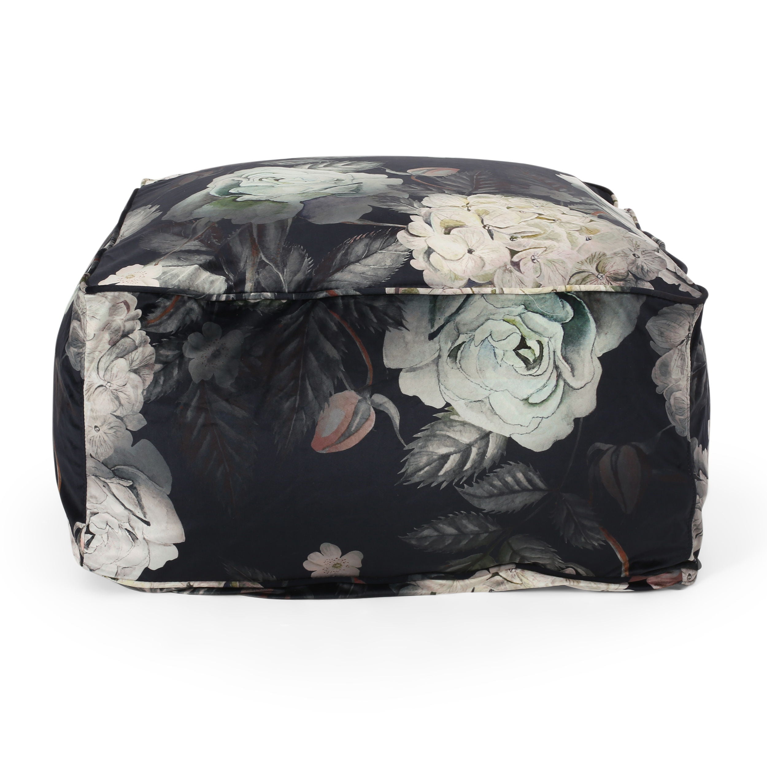 Hazel - Large Square Pouf, Versatile Ottoman Or Floor Cushion, Flower Print - Black