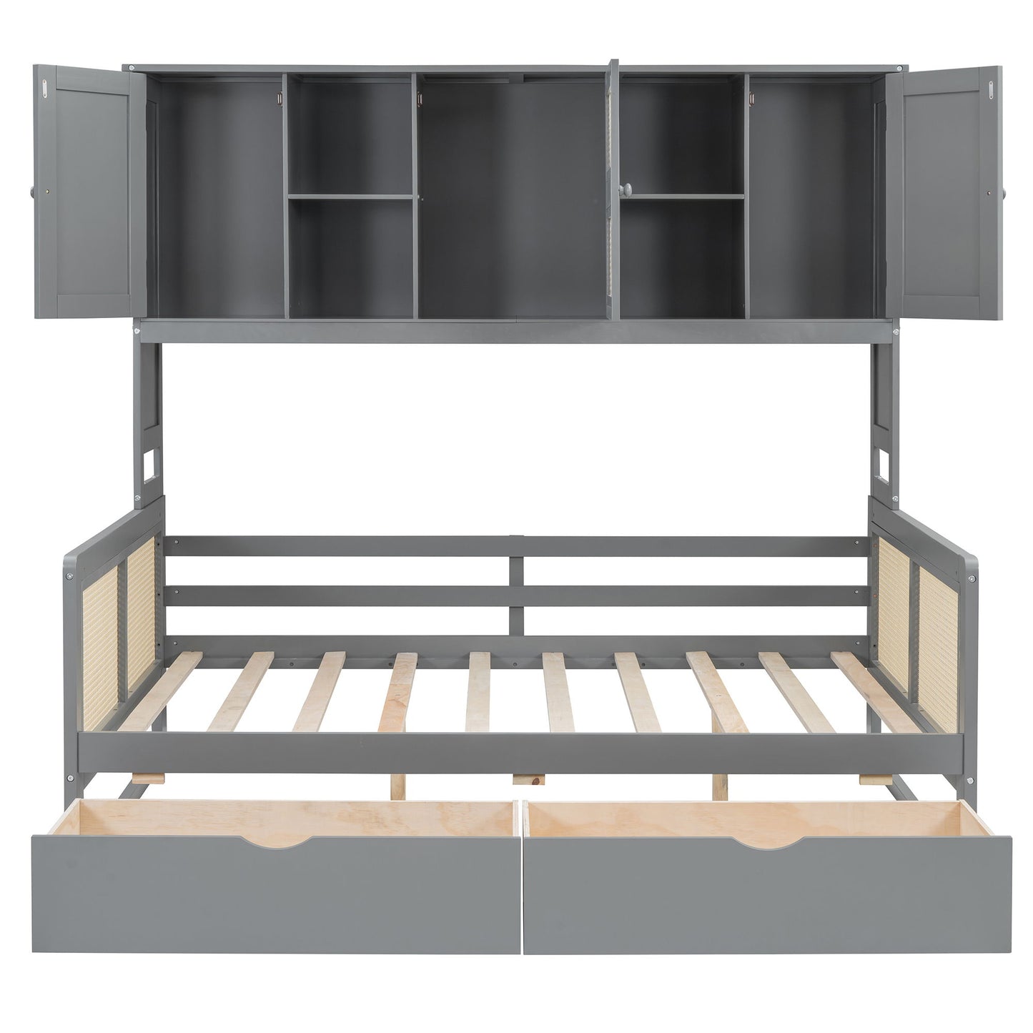Full Size Wooden Daybed With 2 Drawers, And All In One Cabinet And Shelf - Gray