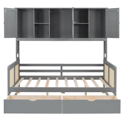 Full Size Wooden Daybed With 2 Drawers, And All In One Cabinet And Shelf - Gray