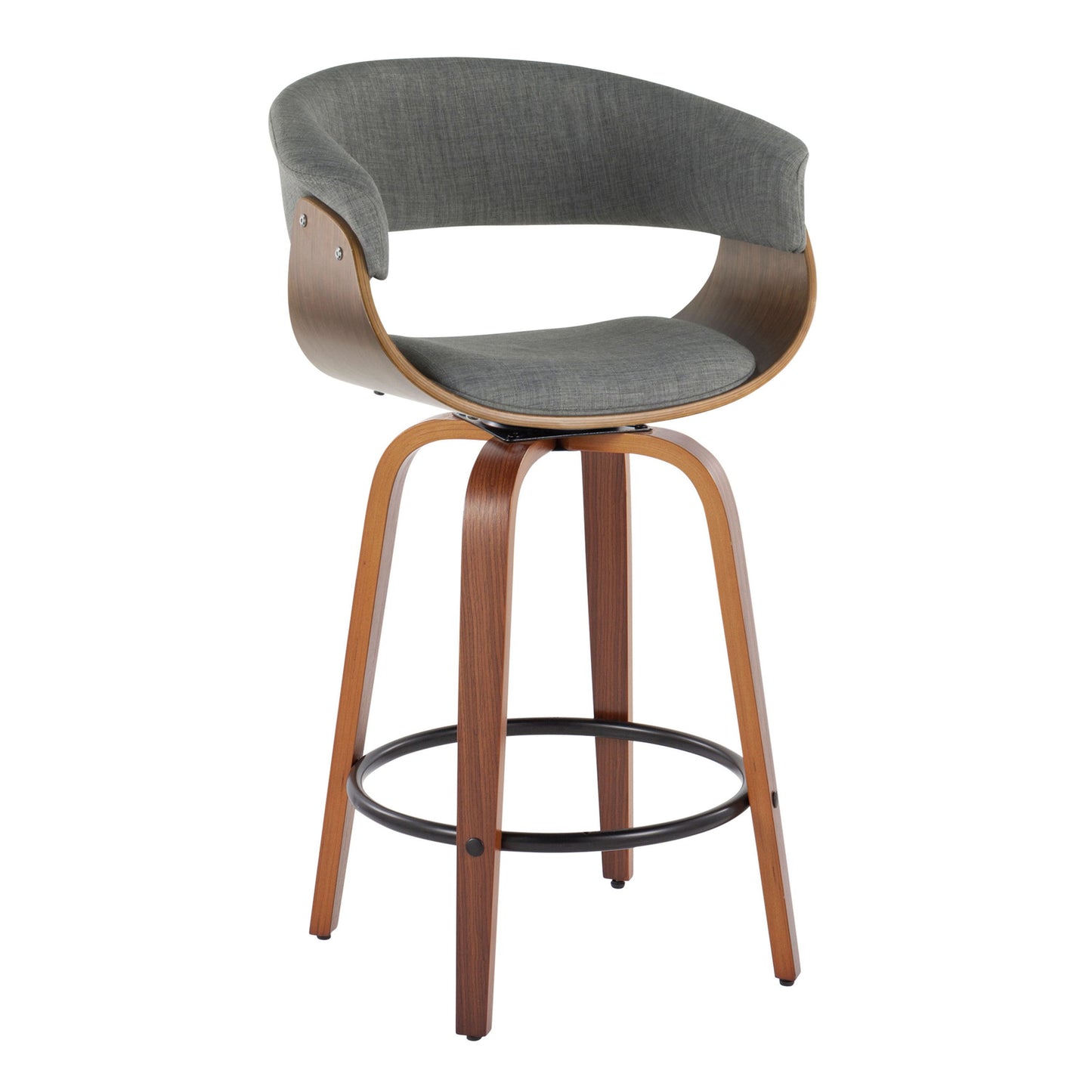 Vintage Mod - Mid-Century Modern Fixed Height Counter Stool With Swivel And Round Footrest (Set of 2) - Walnut / Light Gray