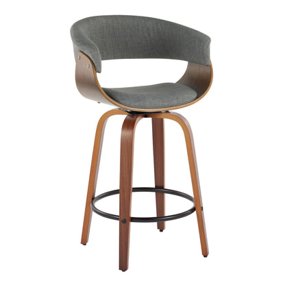 Vintage Mod - Mid-Century Modern Fixed Height Counter Stool With Swivel And Round Footrest (Set of 2) - Walnut / Light Gray