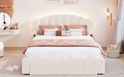 Queen Size Upholstered Platform Bed With Drawer - Beige