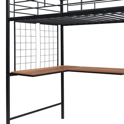 Twin Size Loft Bed With Desk And Grid, Stylish Frame With Lateral Storage Ladder And Wardrobe - Black