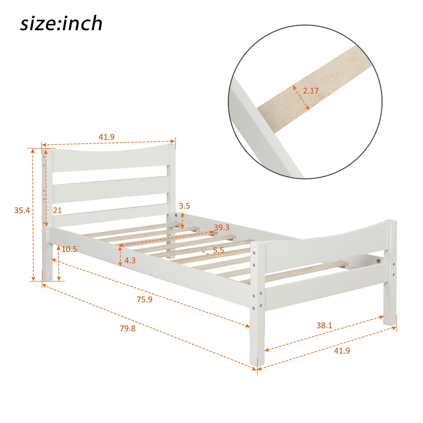 Twin Size Platform Bed With Headboard And Slat Support - White