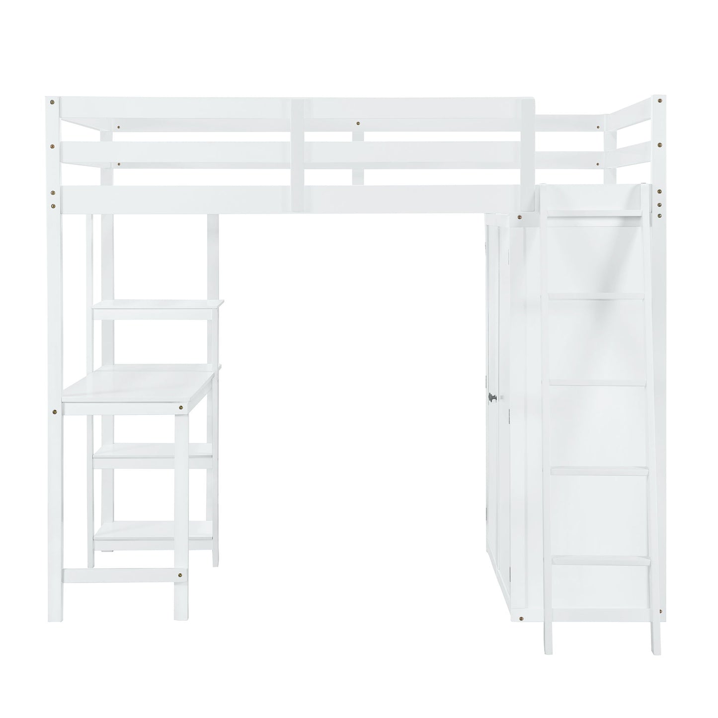 Full Size Loft Bed With Wardrobe And Desk And Shelves - White