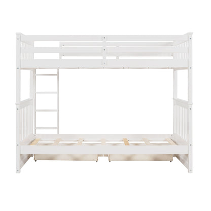 Twin Over Twin Bunk Bed With Ladders And 2 Storage Drawers - White