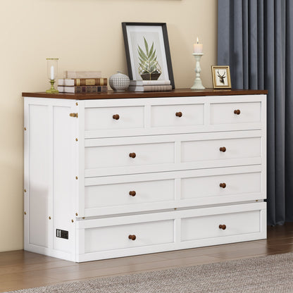 Queen Solid Pine Murphy Bed Chest With Charging Station And Large Storage Drawer For Home Office Or Small Room - White / Walnut