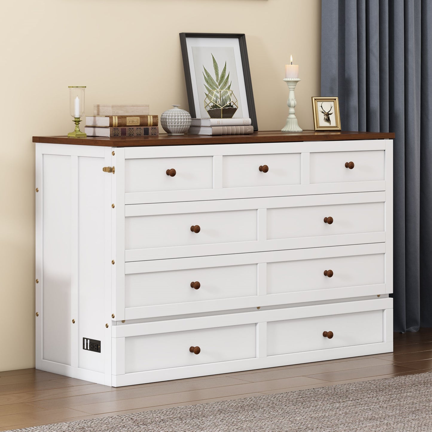 Full Solid Pine Murphy Bed Chest With Charging Station And Large Storage Drawer For Home Office Or Small Room - White / Walnut