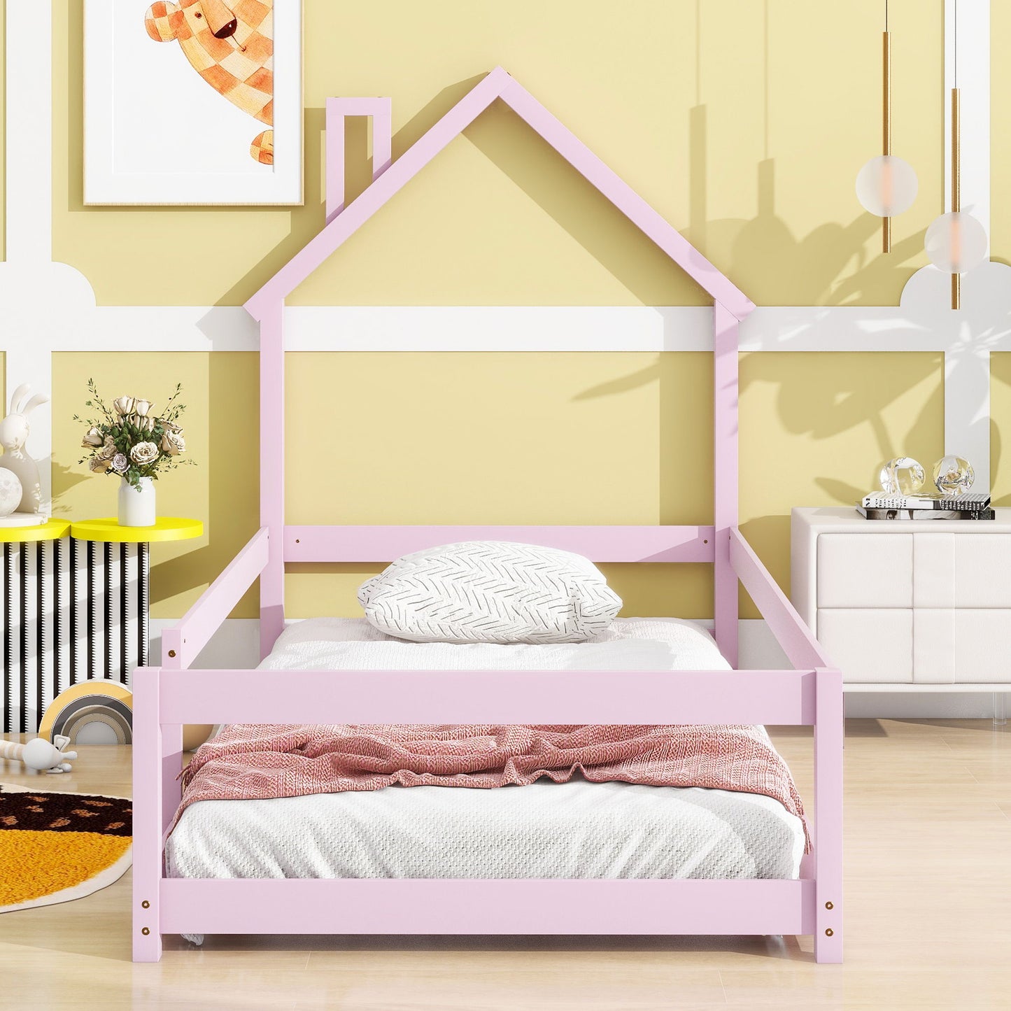 Twin Size Wood Bed With House-Shaped Headboard Floor Bed With Fences - Pink