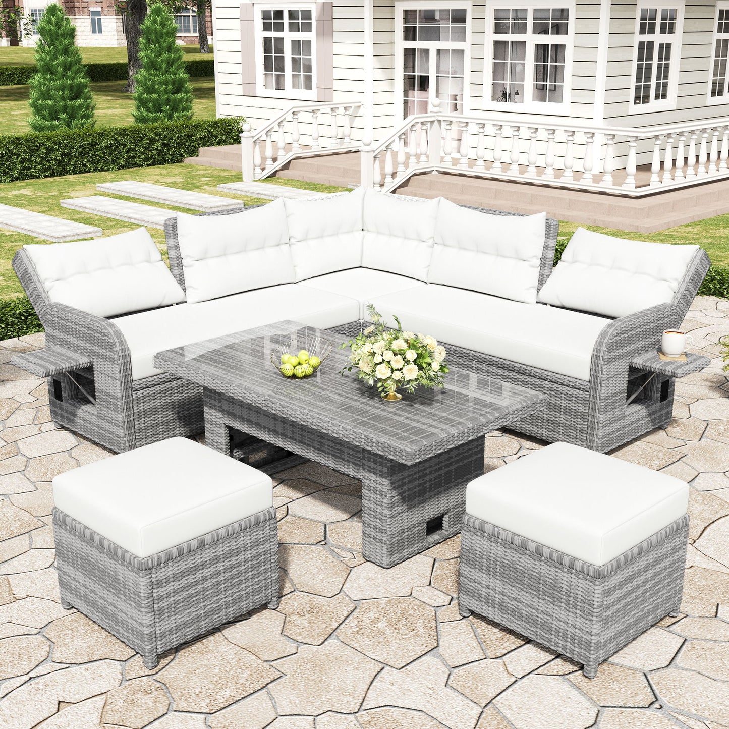 Outdoor Furniture Set Patio Rattan Furniture Set With An Adjustable Table, Recliners With Extendable Side Tables, And 2 Ottomans For Patio, Lawn, Backyard, Pool - Beige