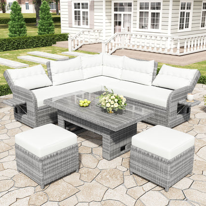 Outdoor Furniture Set Patio Rattan Furniture Set With An Adjustable Table, Recliners With Extendable Side Tables, And 2 Ottomans For Patio, Lawn, Backyard, Pool - Beige
