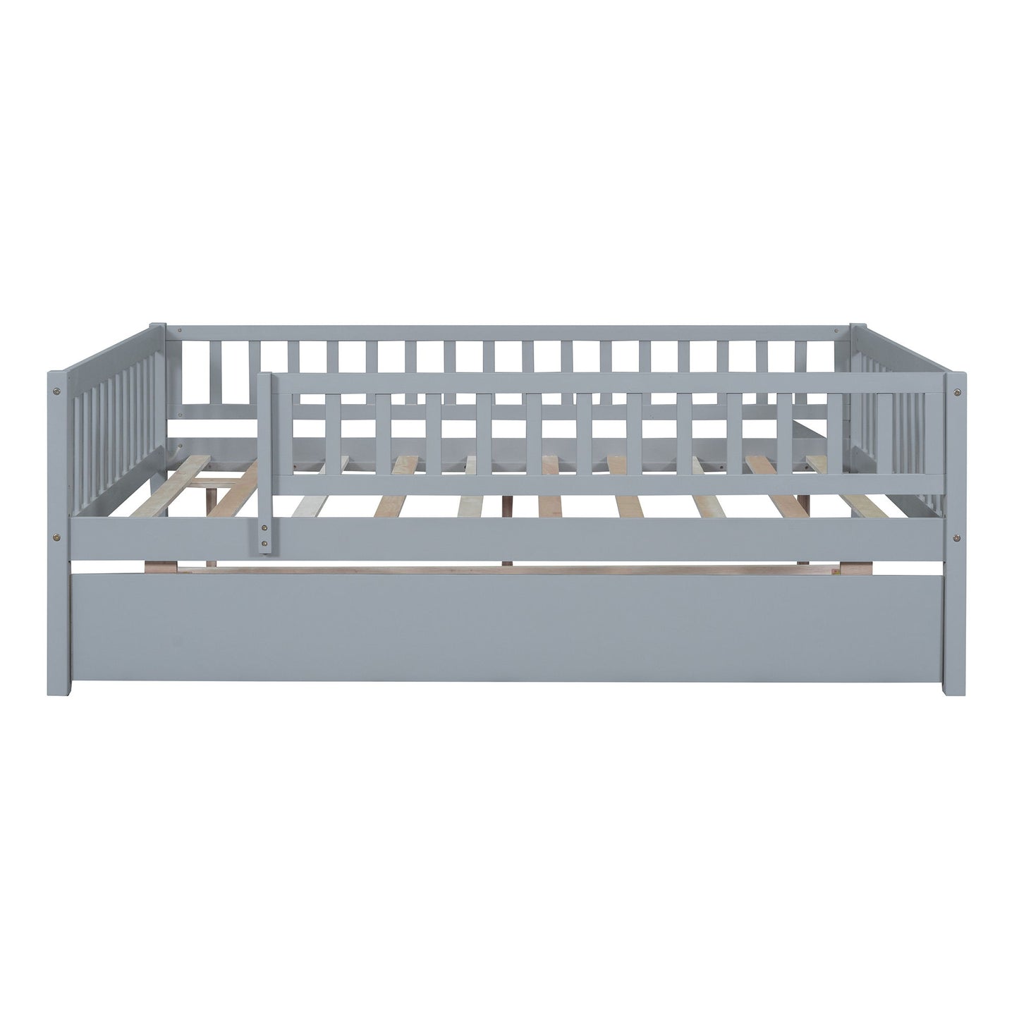 Full Size Daybed With Trundle And Fence Guardrails - Gray