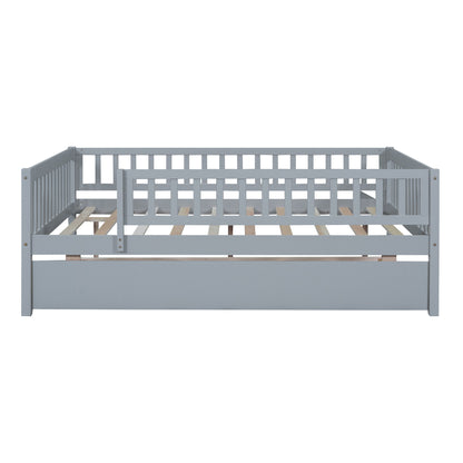 Full Size Daybed With Trundle And Fence Guardrails - Gray