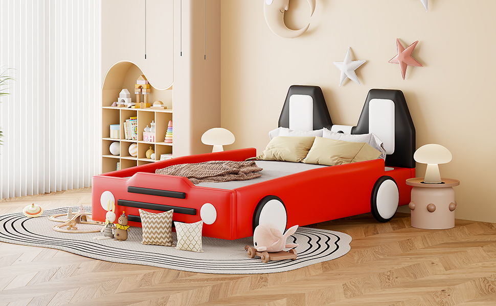 Twin Size Race Car Shaped, Platform Bed & Wheels - Red
