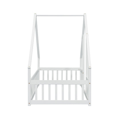 Twin Wood House-Shaped Floor Bed With Fence, Guardrails - White
