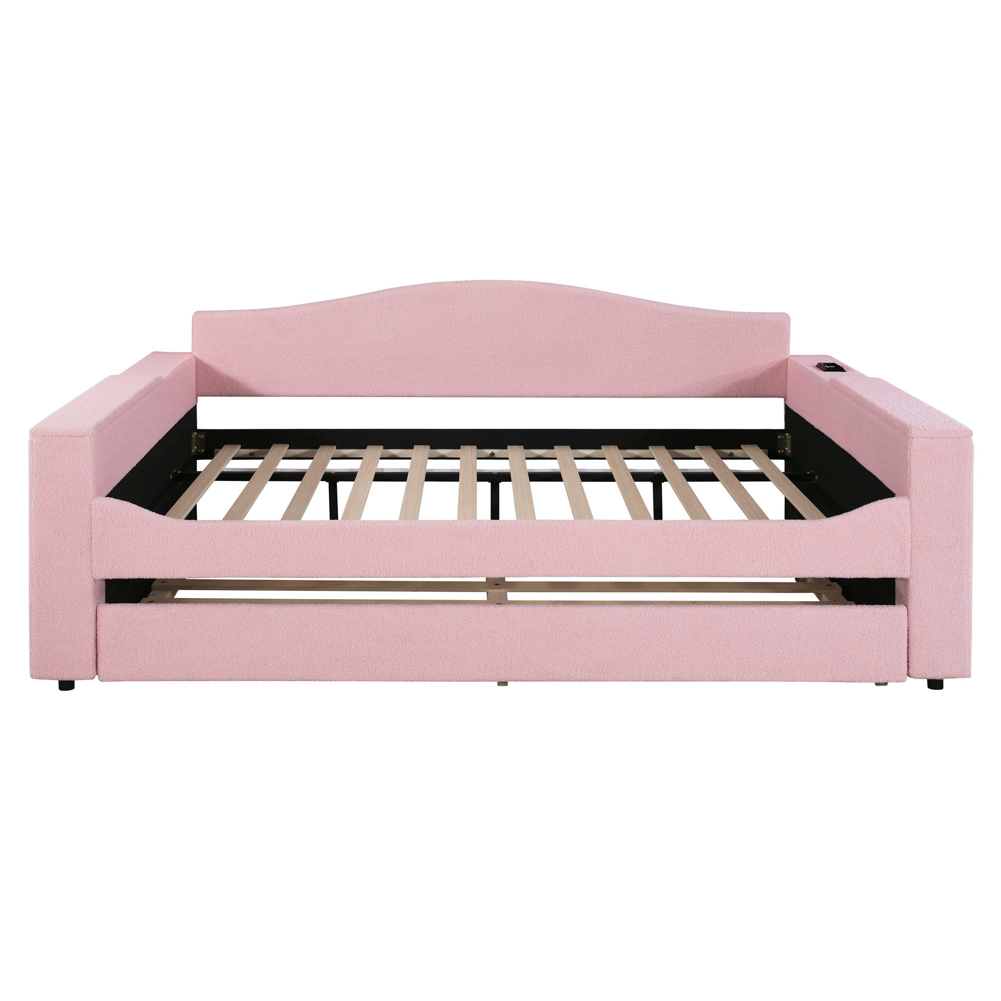 Full Size Upholstered Daybed With Storage Armrests, Trundle And Latest Integrated Bluetooth Audio System, Teddy Fleece - Pink