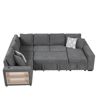 U-Shaped Sectional Sofa Pull-Out Sofa Bed With Two USB Ports, A Storage Chaise Lounge And Four Back Pillows For Living Room - Gray