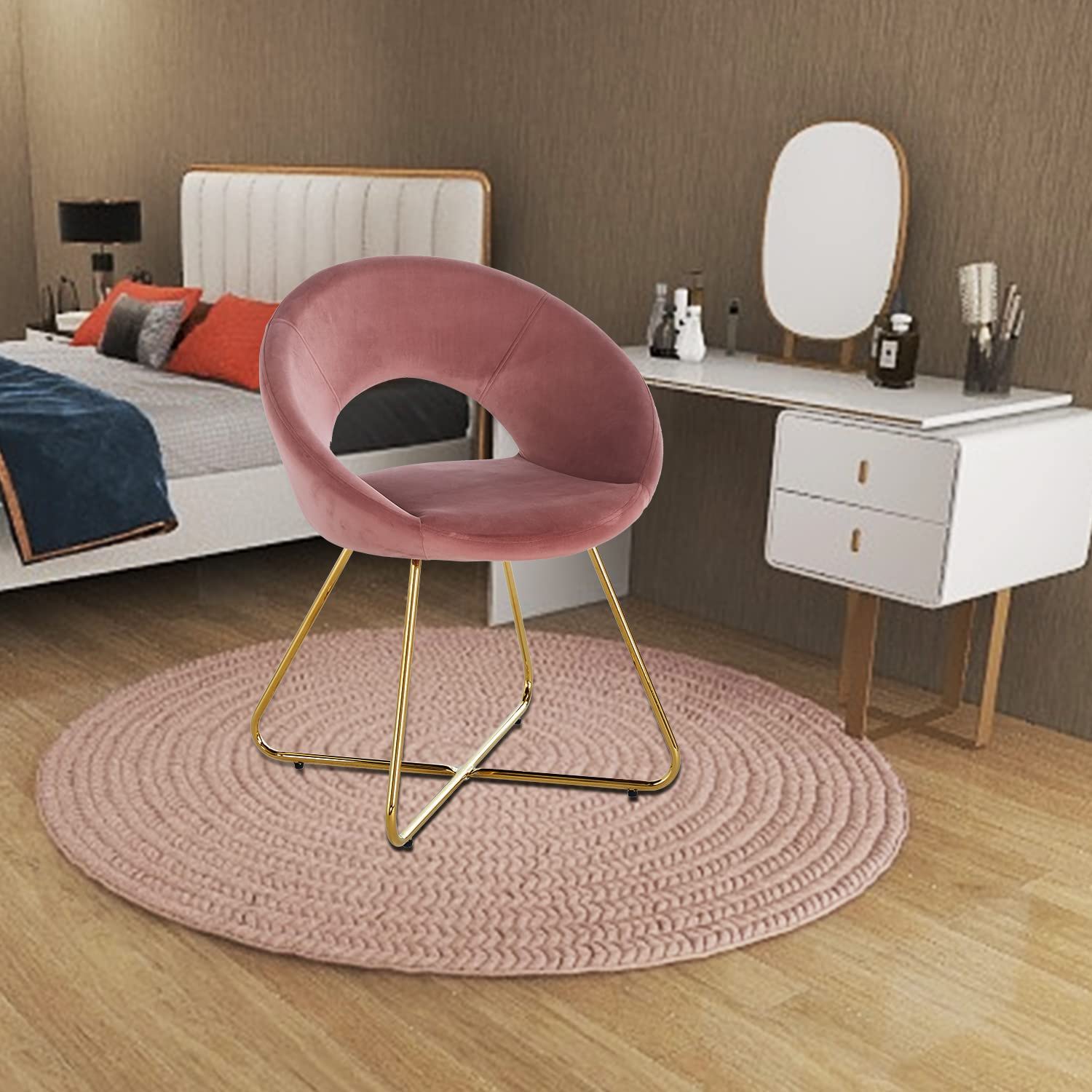 Modern Accent Velvet Chair, (Set of 2) Comfy Upholstered Arm Chair Living Room Furniture Mid-Century Leisure Chair With Metal Frame Legs - Pink