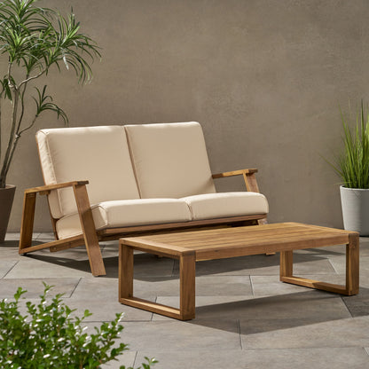 Paloma - Loveseat And Coffee Table Set With Adirondack Design Acacia Wood And Waterproof Fabric - Teak / Beige