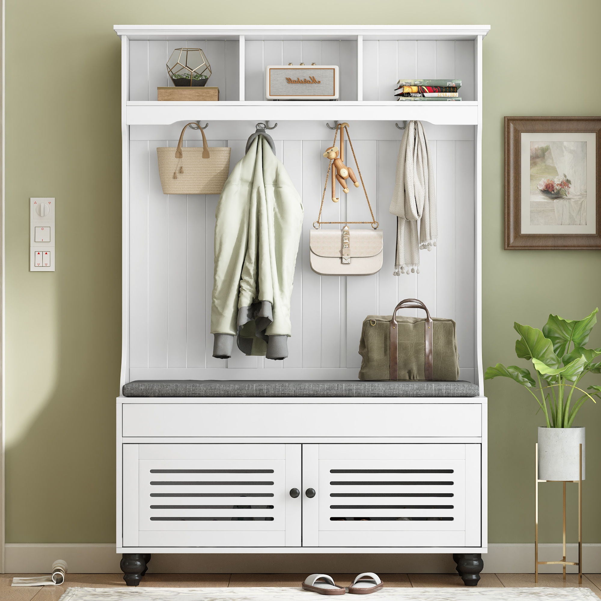 5 In 1 Entryway Bench With Shutter - Shaped Doors, Coat Rack, Cushion And 4 Sturdy Hooks, Wide Hall Tree With Storage Bench For Hallway, Entryway, Living Room - White
