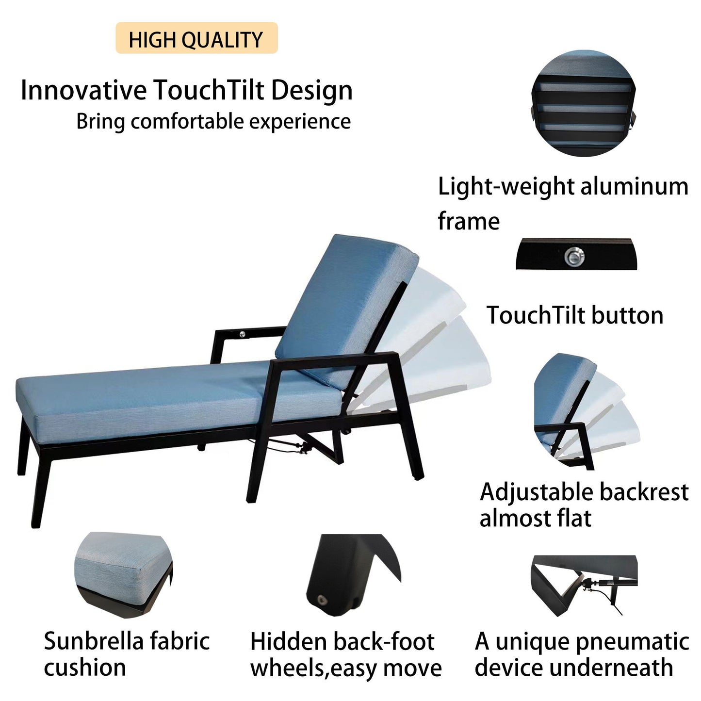 3 Piece Outdoor Patio Lounge Set, 2 Chaise & 1 End Table With Modern Tapered Feet, Pneumatic Adjustable Backrest, Wheels, Sunbrella Cushion - Ember Black / Blue