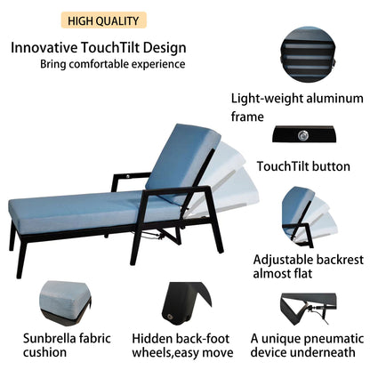 3 Piece Outdoor Patio Lounge Set, 2 Chaise & 1 End Table With Modern Tapered Feet, Pneumatic Adjustable Backrest, Wheels, Sunbrella Cushion - Ember Black / Blue