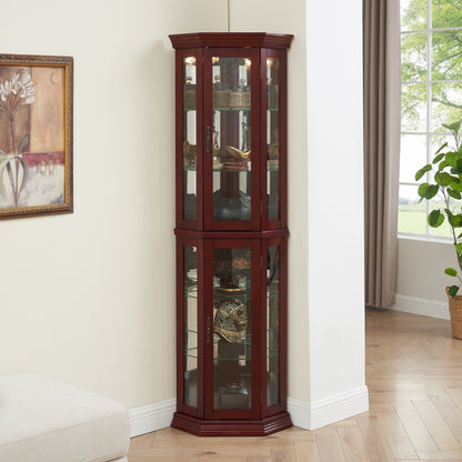 Corner Curio Cabinet With Lights, Adjustable Tempered Glass Shelves, Mirrored Back, Display Cabinet (E26 Light Bulb Not Included) - Cherry