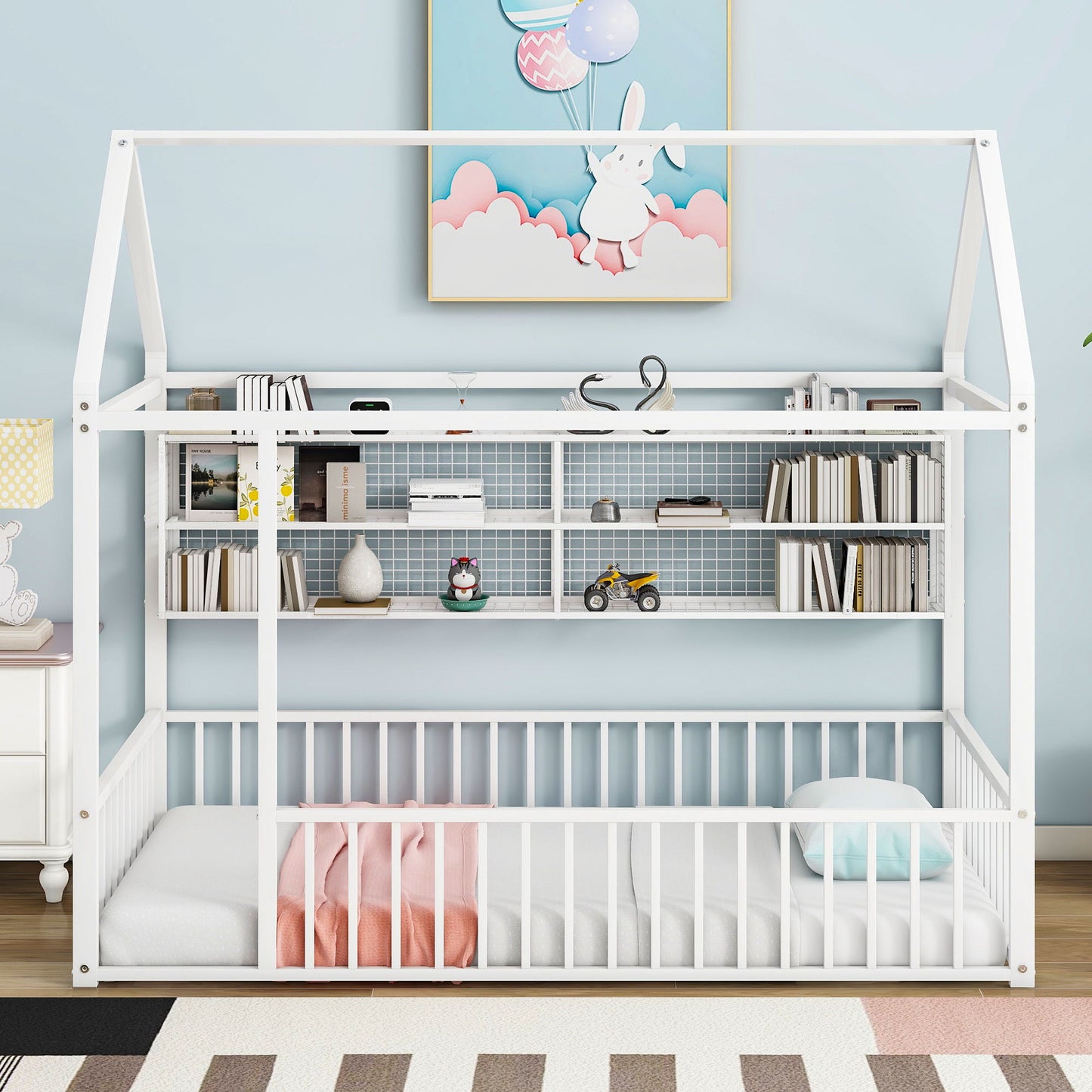 Twin Size Bed House Frame With Fence And Shelves - White