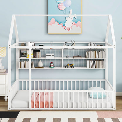 Twin Size Bed House Frame With Fence And Shelves - White