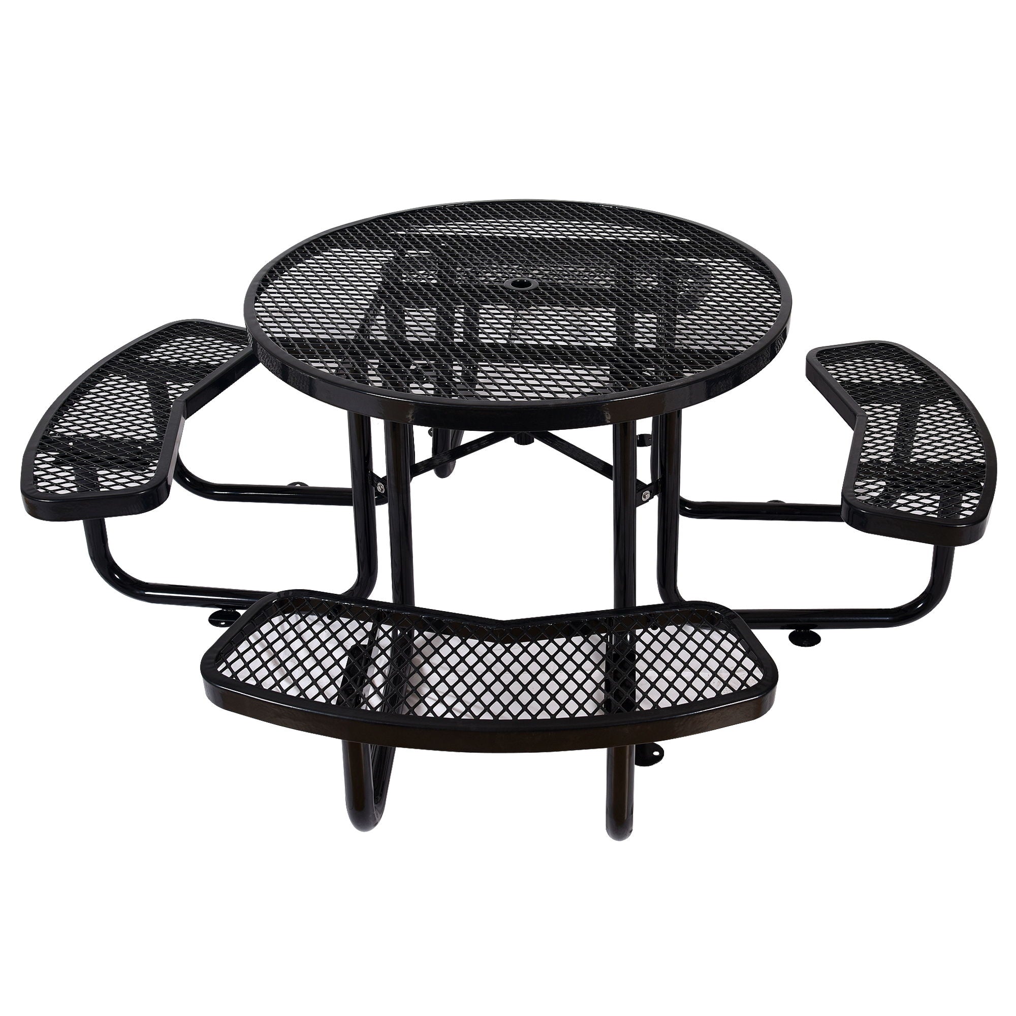 Round Outdoor Steel Picnic Table, With Umbrella Pole - Black