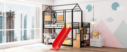 Twin Over Twin Bunk Bed, Housebed With Slide And Storage Stair - Black / Red