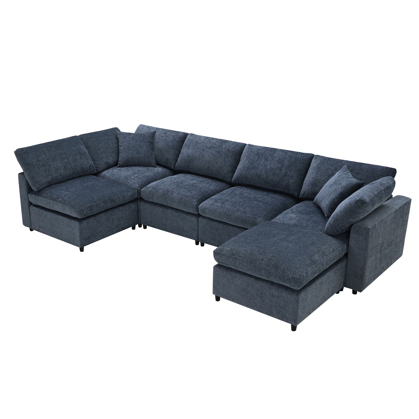 Modern Modular Cloud Sofa Bed, 6 Seat Chenille Sectional Couch Set With Ottoman, Free Combination, Convertible U Shaped Sleeper Sofa - Dark Blue