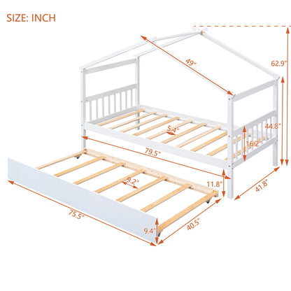 Twin Size House Bed With Twin Size Trundle - White
